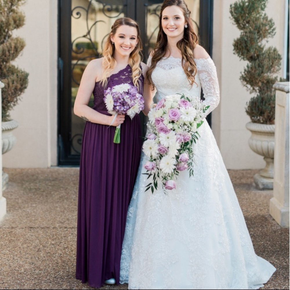David’s Bridal one shoulder lace bridesmaid dress